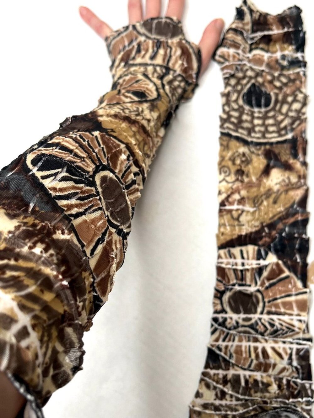 Brown Mummy Arm Warmers Womens Bandage Gloves Apocalypse Leopard Ankara Fabric